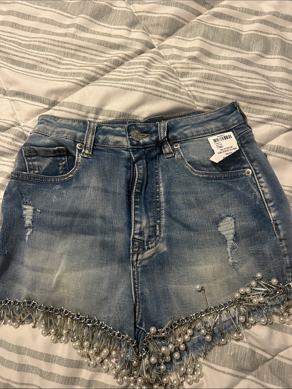 AKIRA Light Blue Distressed Pearl-Trim Denim Shorts